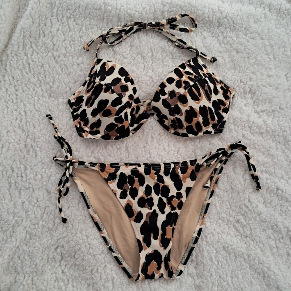 Victoria's Secret S Leopard‎ Print Push Up Halter Bikini Set Side Tie Bottoms